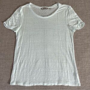 Athleta Shirt Women M Ruched Short Sleeve Slub Linen Aqua Lightweight Beach Tee